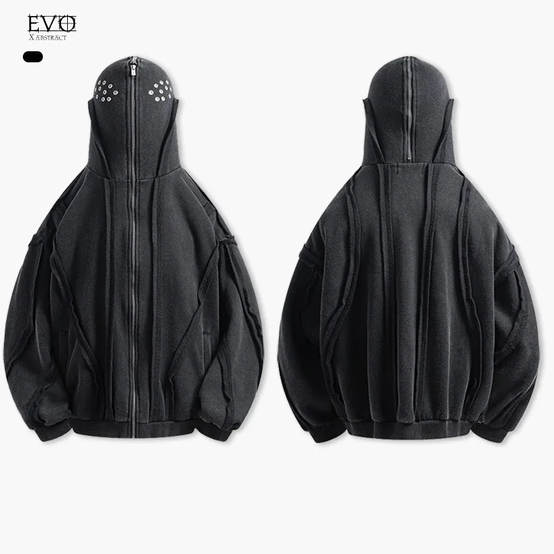 American hip-hop fringed patchwork washed zipper shark mask hooded cardigan face mask design hoodie men's jacket