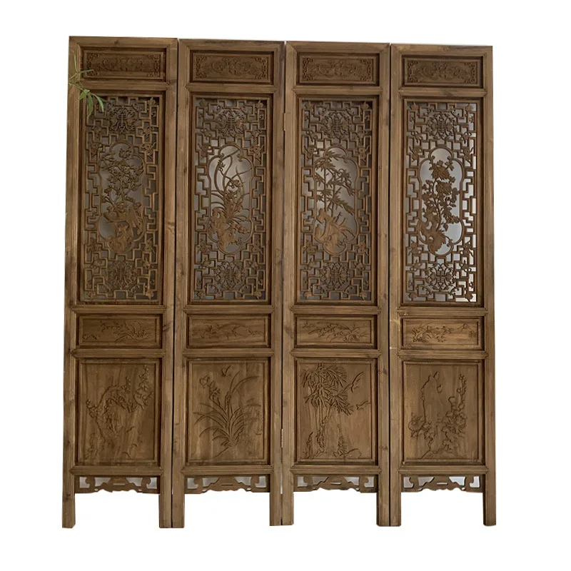 Chinese solid wood screen antique and old hollow carved camphor wood folding mobile living room partition retro occlusion