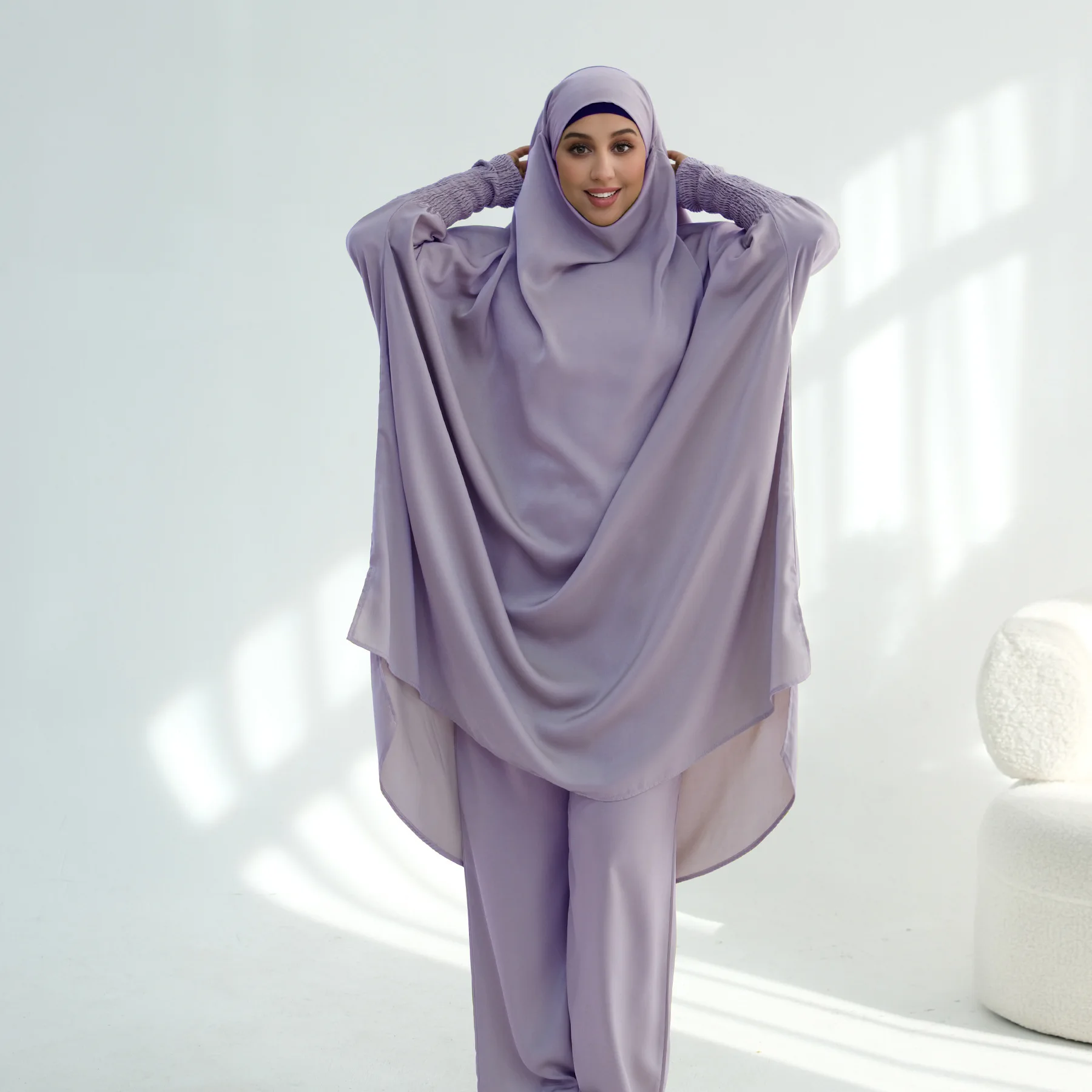 

Eid Muslim Long Khimar top Pant 2 Piece Set Women Abaya Prayer Garment Full Cover Ramadan Kaftan Djellaba Musulman Ensembles