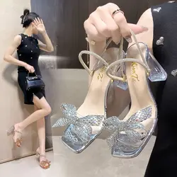 Footwear Rhinestones Sandals for Women Pumps Ladies Shoes Heeled Summer 2023 Bow Slippers Transparent High Heels Clear Diamond F