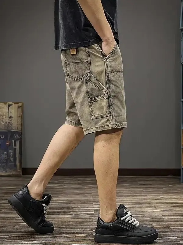 

Мужские джинсовые лыжи в американском стиле ретро, повседневные свободные прямые брюки со средней талией, износостойкие летние джинсы длиной пять четвертей