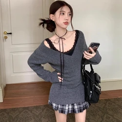 Deeptown Sexy Knitted Pullovers Women V-neck Vintage Early Y2k Grunge Sweaters Mujer Autumn Fashion Long Sleeve Pullovers Slim
