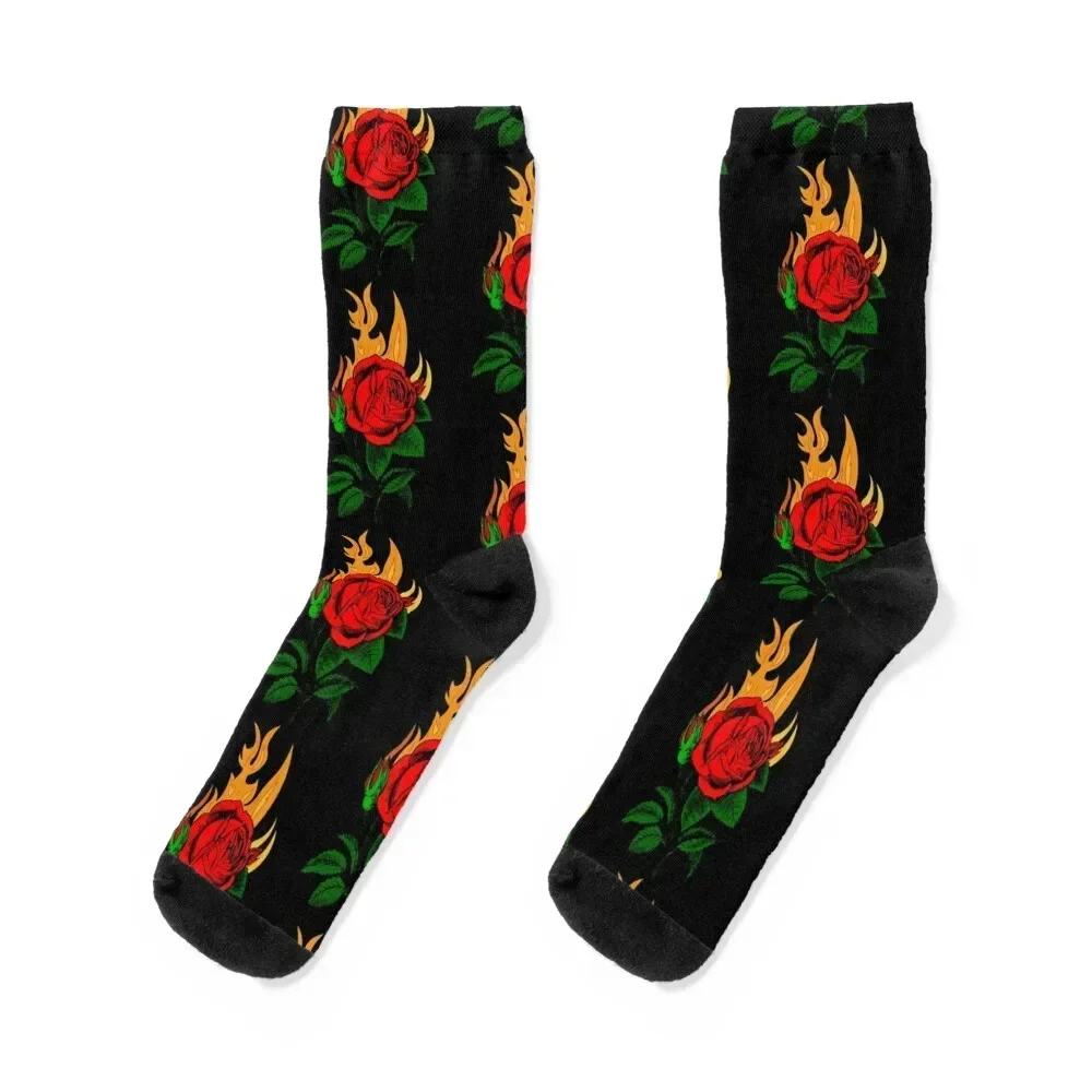 Flaming rose // Red rose on fire Socks heated Christmas luxe soccer anti-slip Boy Socks Women's