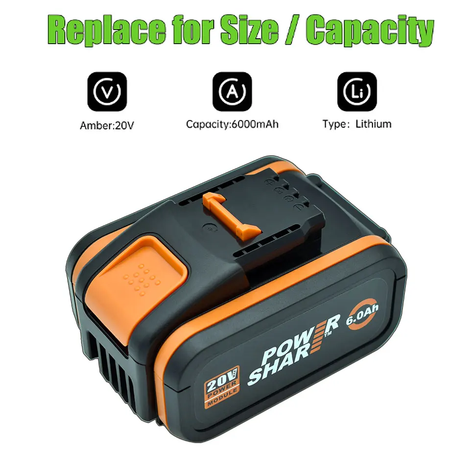 Worx 20V 6.0Ah Lithium battery Rechargeable WA3553 WA3551 WA3553.1 WA3570 for All WORX Electric and Garden Tools