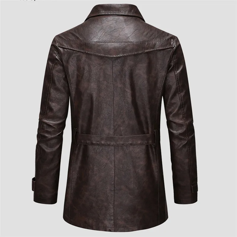 New Men's Long Faux Leather Trench Korean Style Turn Down Collar Casual PU Leather Jackets Male Chic Vintage Casual Belt Outwear