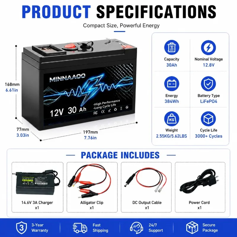 New LiFePO4 12V 30Ah 50Ah battery, suitable for RV camping vehicles, solar powered golf carts