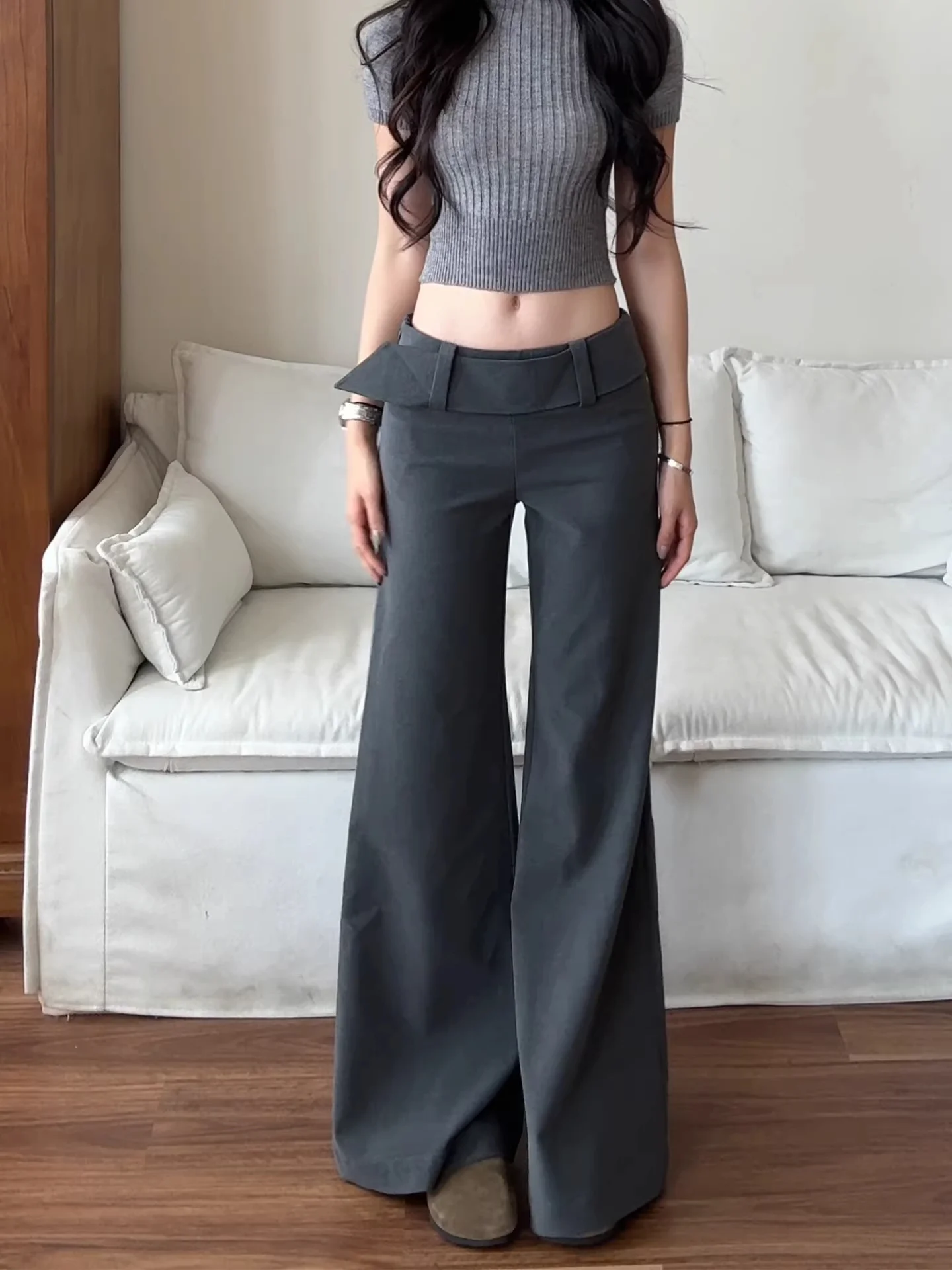 grey dress pants ladies Retro Low Waist Flared Suit Women's Loose Drapey Design Tall Extended Casual Trousers Commute Style with Pockets formal office gray pants outfit female For Love And Lemons Size_6 years beige) make these pants Lace Tie:Combination Lace Tie