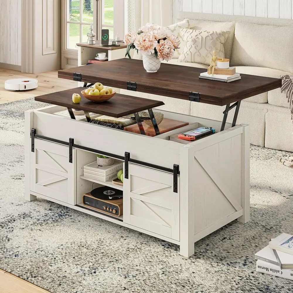 

Convertible Farmhouse Coffee Table with 4-Door Storage, Adjustable Shelves, and Dining Option in Brown and White