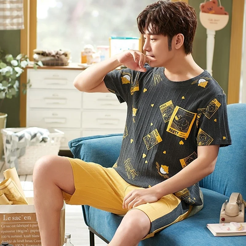 Pajamas Men\'s Summer Cotton Short Sleeve Shorts Casual Simple Loose Large  Round Neck Wear Home Suit