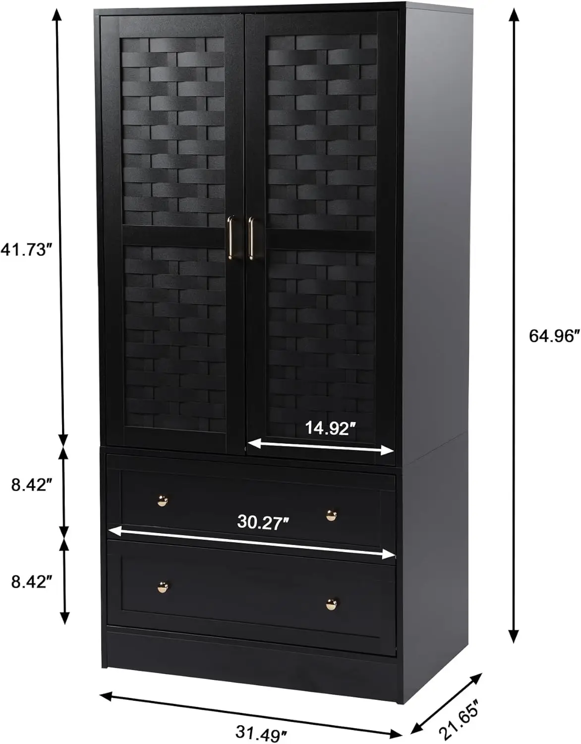 Armoire Wardrobe Closet Black Wardrobe Cabinet with 2 Woven Doors and 2 Storage Drawers Freestanding Hanging Rail Closet (Black)