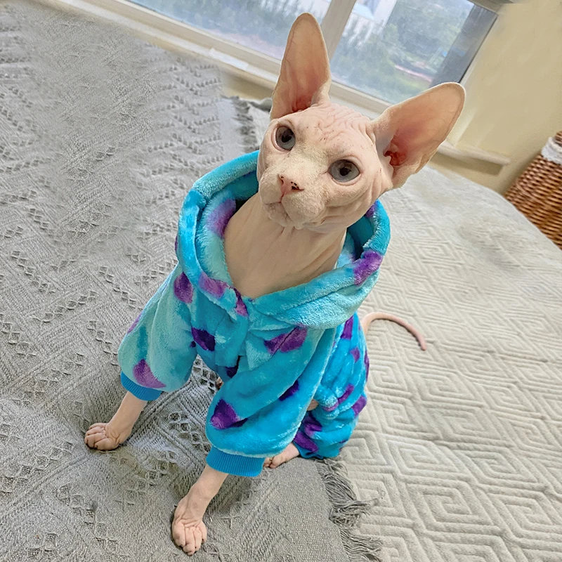 Fleece Dinosaur Hooded Coat for Sphynx Cat thick Sweatshirt for Cat Long Sleeves Warm Clothes for Kittens Outfit in Winter