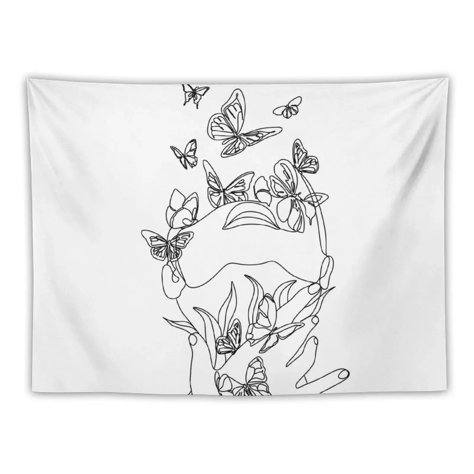 

Abstract face with butterfly by one line drawing. Portrait minimalistic style.Botanical print. Nature symbol of cosmeti Tapestry