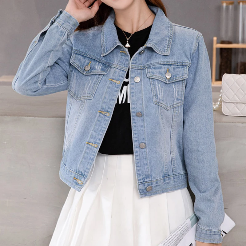 

Women Short Tops Turn Down Collar Clothes Hong Kong Style Light Blue Jeans Jackets Autumn Winter Fashion Denim Jackets 29273