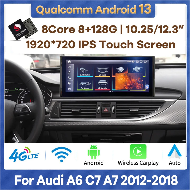 

10.25"/12.3" Android 13 Qualcomm Car Multimedia Player GPS Navigation for Audi A6 C7 A7 2014-2020 Auto Radio CarPlay Stereo 4G