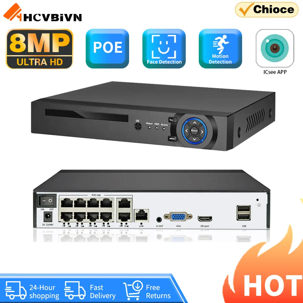 H.265+ HEVC POE NVR 4K-uitgang 8CH Beveiligingsvideorecorder Onvif Rtsp Linux Gezichtsdetectie Xmeye CCTV-beveiligingssysteem Plug and Play