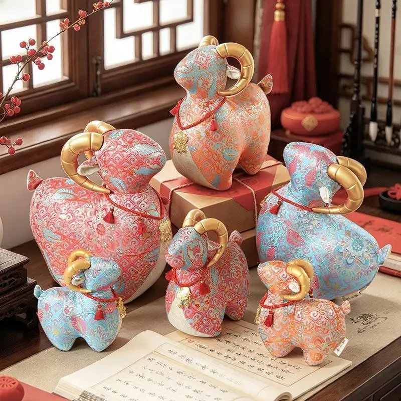 1Pcs Chinese Zodiac Sheep Figurine Brocade Fabric Lucky Goat Statue For Home Tabletop Decoration New Year Gift