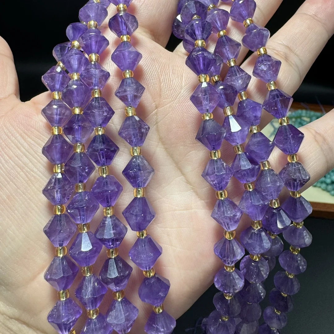 Natural Amethyst Faceted Rhombus Beads Purple Crystal Diamond Cut Bicone Loose Beads for DIY Bracelet Necklace Jewelry Making