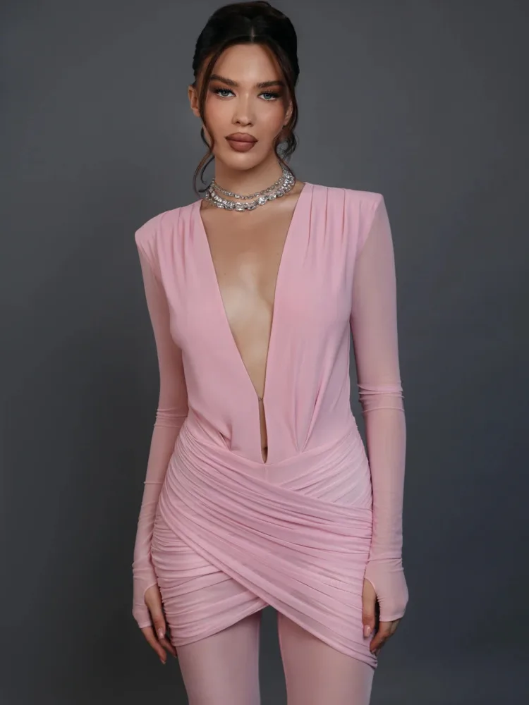 Articat Sexy Deep V Mesh Patchwork Long Sleeve Jumpsuit  Women Double Layer Ruched Flared Pants Dress Autumn New 2025 Rompers