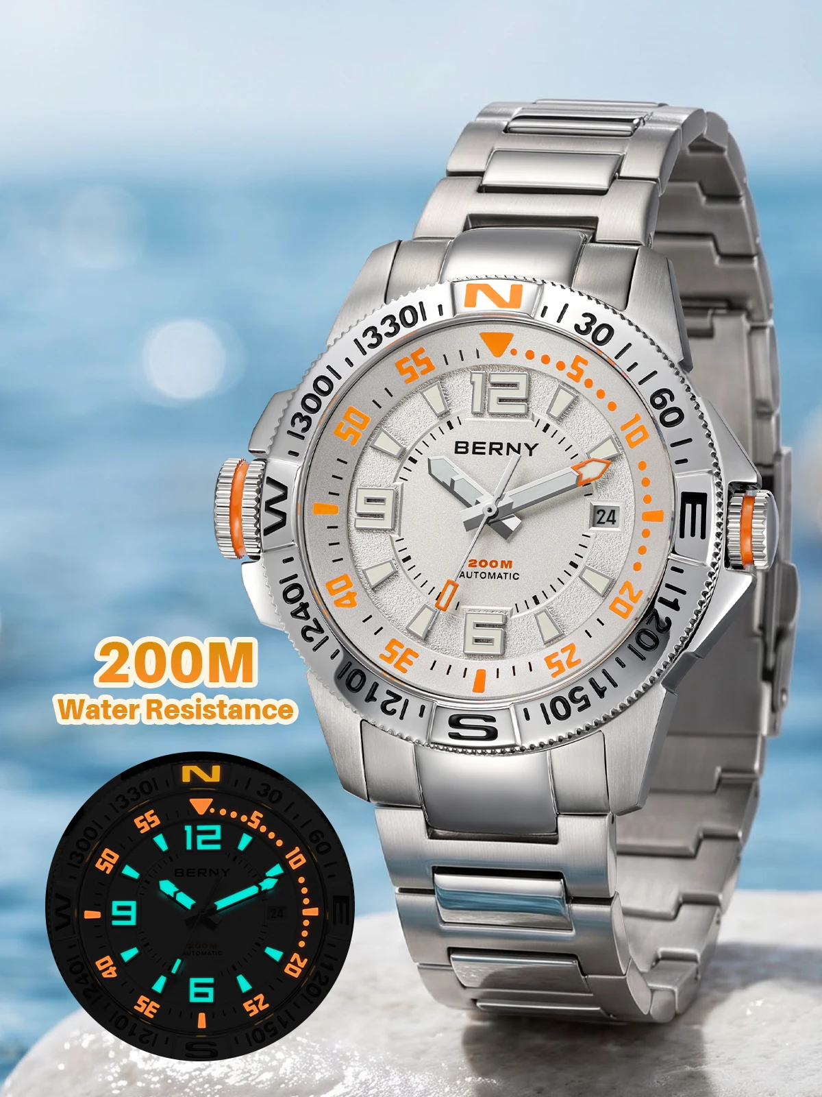 BERNY Automatische Herren-Taucheruhr 20ATM Kompass Drehbare Lünette Super Leuchtend Saphirglas AR Luxuriöse Modische Outdoor-Uhr für Männer