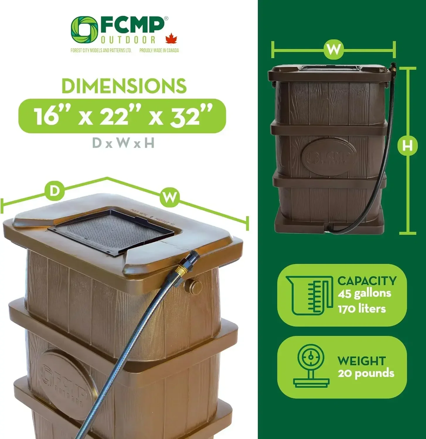 Slim Line Design 45-Gallon Wood Grain Outdoor Home Rain Water Catcher Barrel Flat Back Container with Spigots and Mesh Screen, B