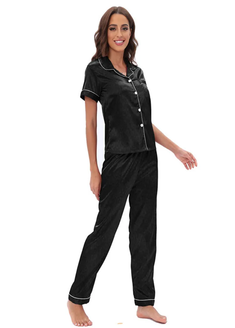 Ensembles de pyjamas monochromes pour femmes, vêtements de nuit en faux satin, boutons, manches courtes, vêtements d'intérieur, printemps, été, 2 pièces