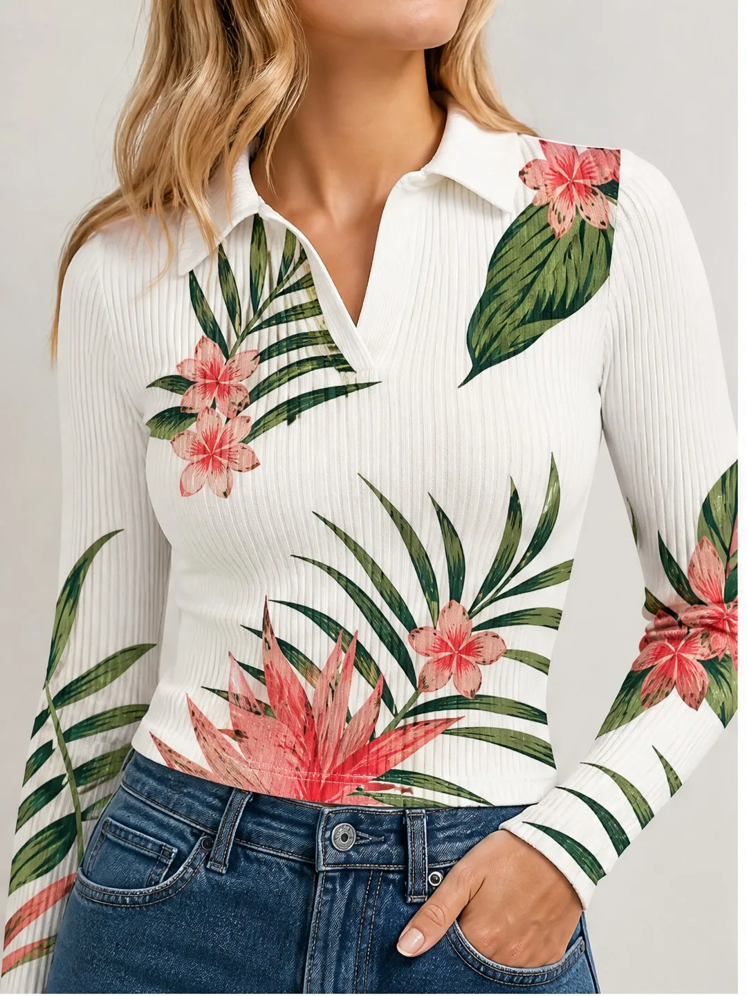 Timeless Womens V Neck Collared Ribbed Knit Crop Top Figure Flattering Long Sleeve Pullover for Travel and Daily Wear Cute Daily