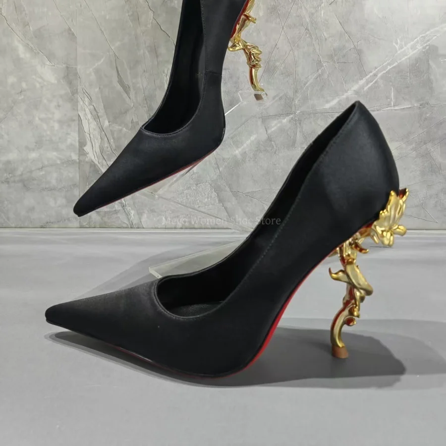

Golden Shaped High Heel Single Shoes Women Black Silk Shallow Mouth Pumps Handmade Brand Design Quality Shoes Lady Size 43
