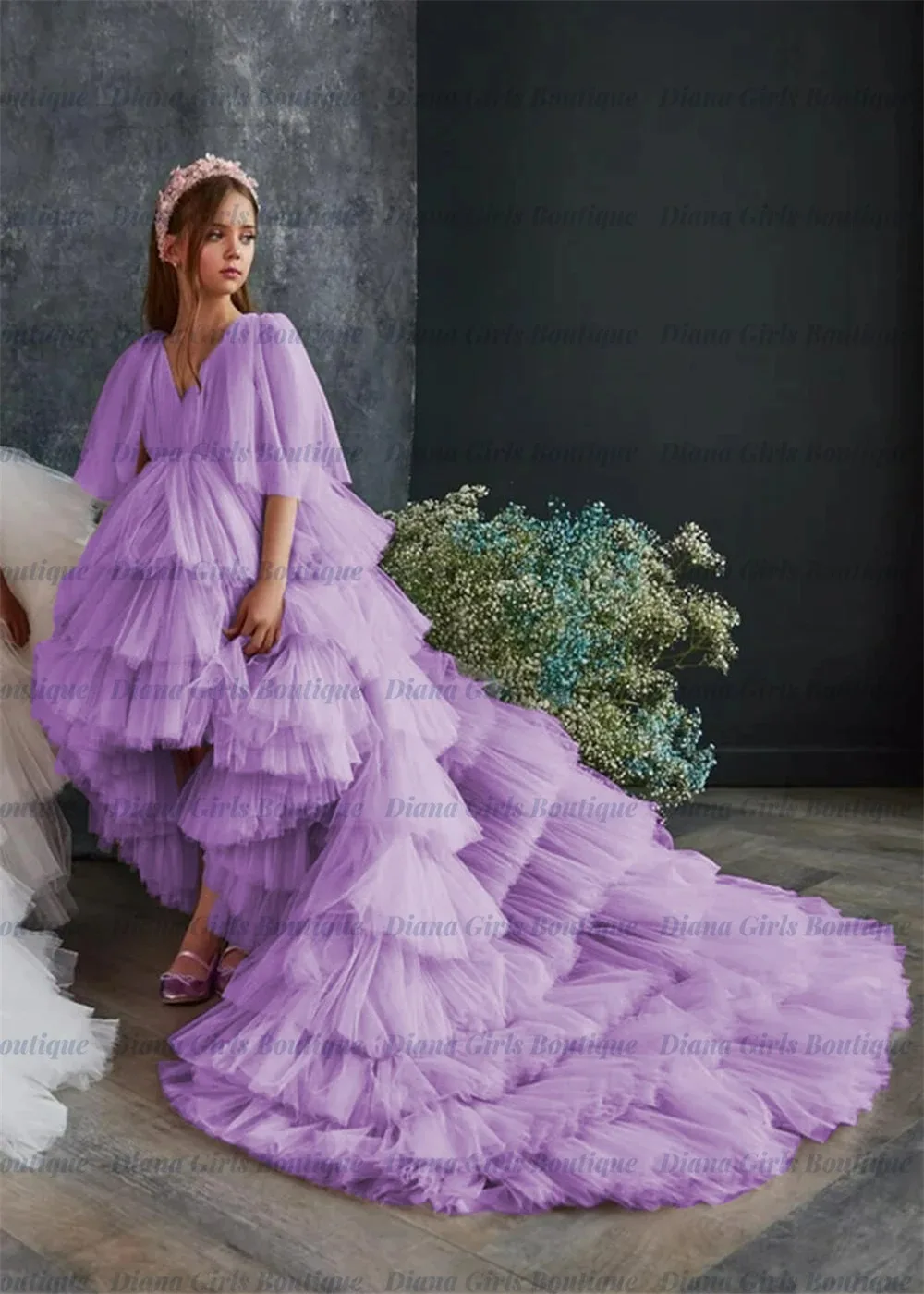 

Elegant Quality Lavender Flower Girl Dress Layered Tulle Fluffy Long Tail For Little Princess Birthday Party Evening Ball Gowns