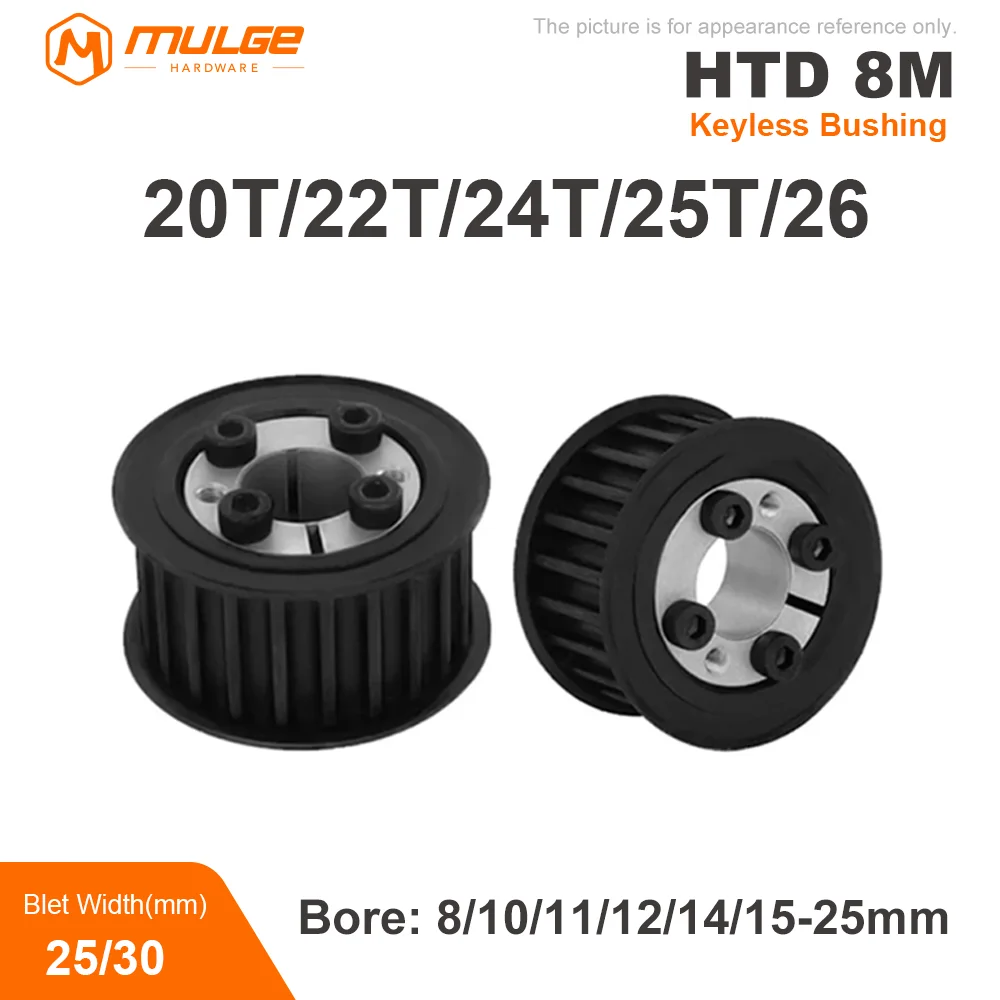 HTD8M 20T/22T/24T/25T/26Teeth Timing Pulley Keyless Bushing Bore 8/9/10/12-25 mm 8M Synchronous Wheel For Belt Width 25/30mm