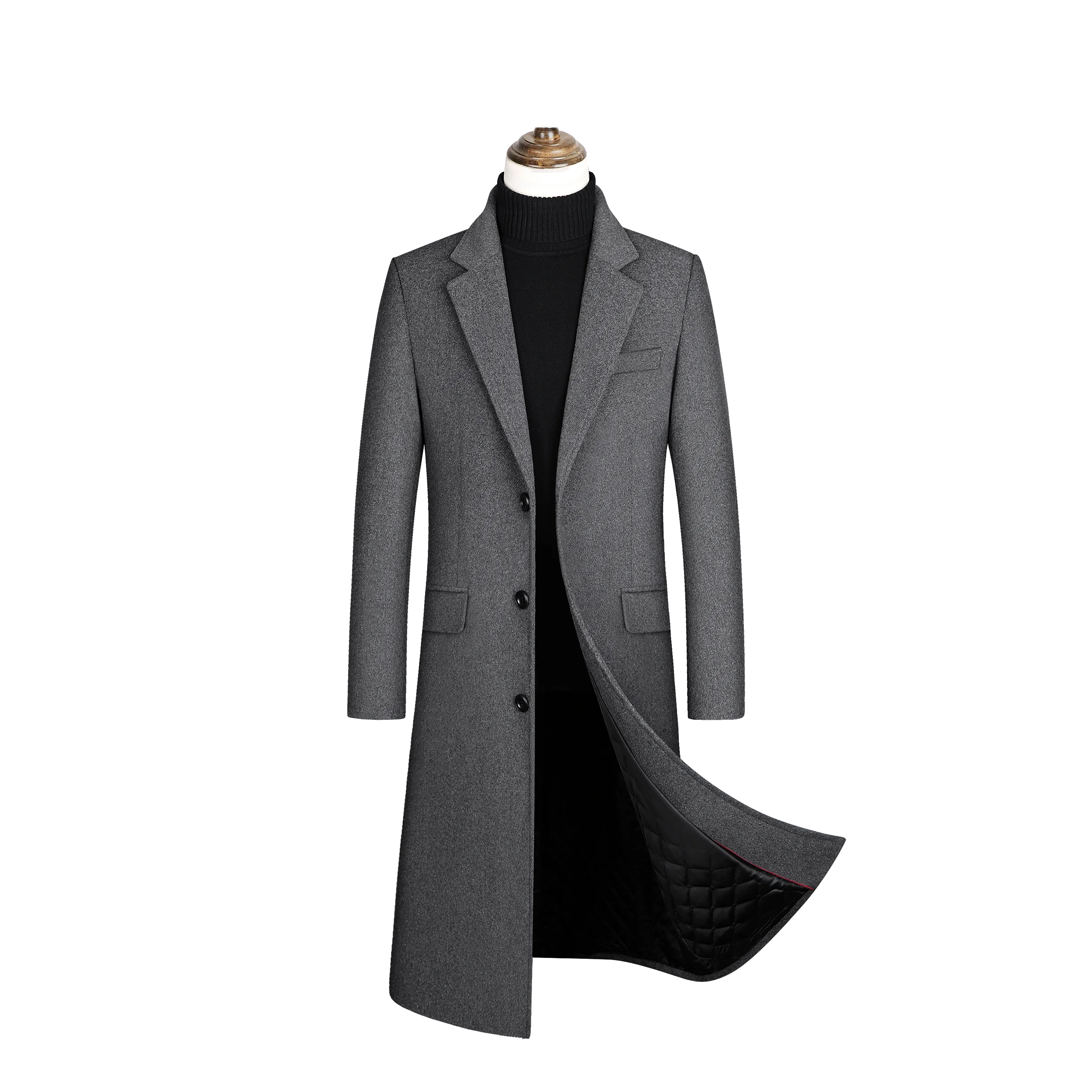 

High-quality men's autumn and winter woolen overcoat, long, fashionable and stylish windbreaker, knee-length thick cotton coat