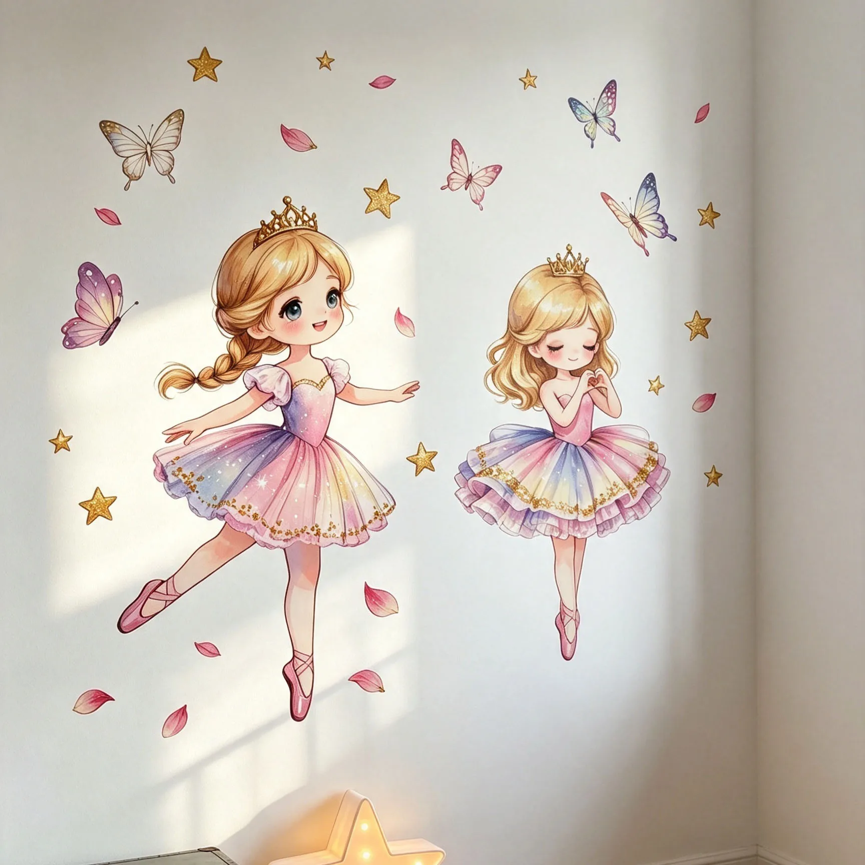 Watercolor Twin Ballerina Princess Wall Stickers Two Ballet Girls Crown Butterfly Star Petal Wall Decals Removable Girls Nursery
