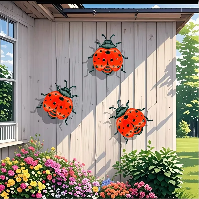 3pcs Metal Ladybug Wall Decor, Vibrant Garden Ornament for Indoor & Outdoor Use, Colorful Home Accents, Iron Craftsmanship, No E