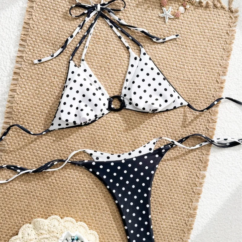 

Сексуальный черный купальник с точечным принтом, комплект бикини для женщин: топ-халтер с кружевными вставками и эффектом пуш-ап, трусики-стринги на завязках, пляжный купальный костюм 2026