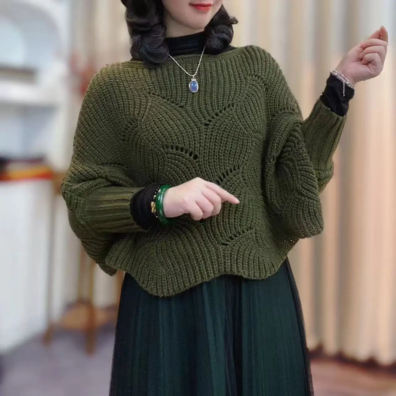 Otoño Invierno suéter de punto mujer pulóver Casual suelto manga larga Top hueco