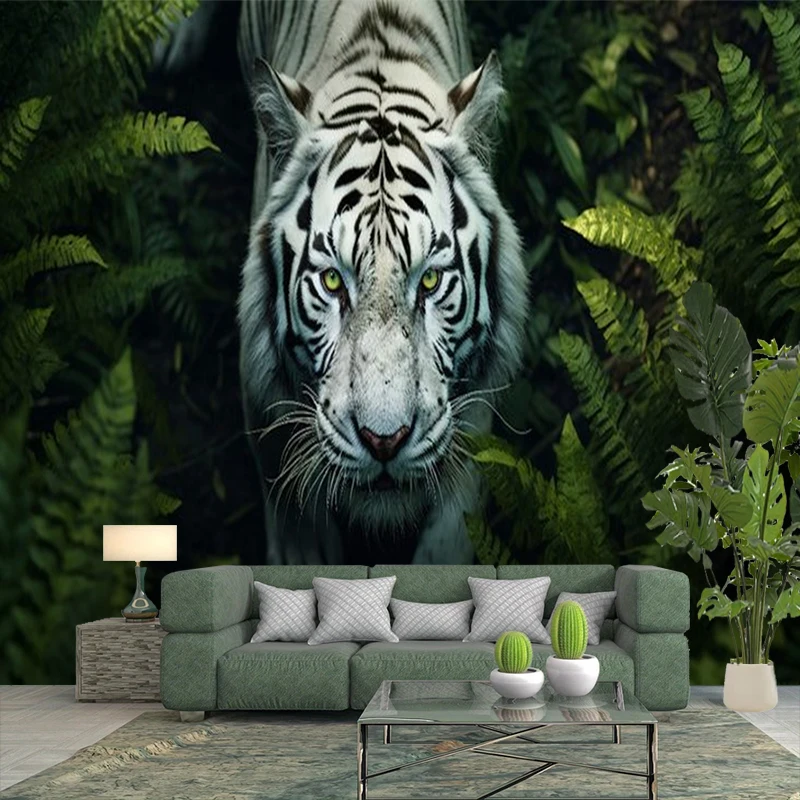 1PC White Tiger Jungle Fern Close Up Print Backdrop Banner, Bedroom Living Room Photo Background, Polyester, Home Decor, Wall Ar
