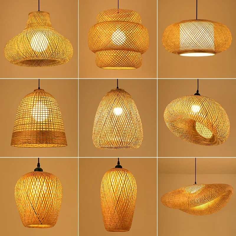 Nordic Rattan Pendant Light Bamboo Lamp Kitchen Suspension Home Bamboo Hanging Lampshade Dining Living Room Indoor Fixtures