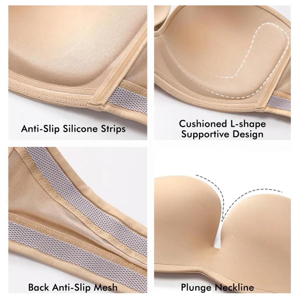 Women\'s Seamless Push Up Strapless Bra Plus size Plunge Slightly Lined Lift Support Underwire Invisible Bras A-DD E F 32-44 46