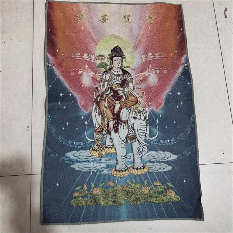 China Old Brocade Embroidery Tangka Painting Bodhisattva Samantabhadra Buddha Statue Antique Artwork Buddhist Decor