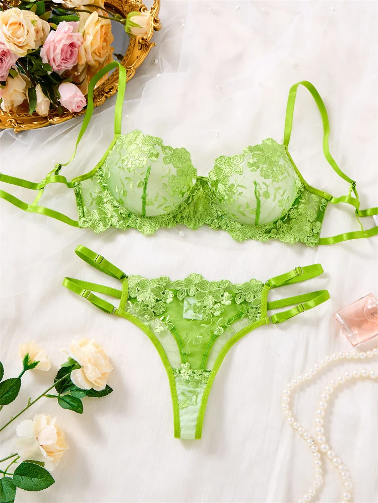 Women Fresh Floral Embroidery Lingerie Set Sheer Mesh Underwear Underwire Bra Double Strap Thong Set 2Pcs Sexy Intimate Lingerie