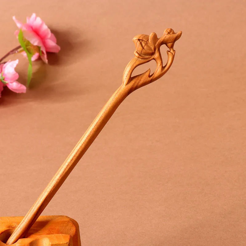 Peach Wood Double-Sided Carved Hairpin