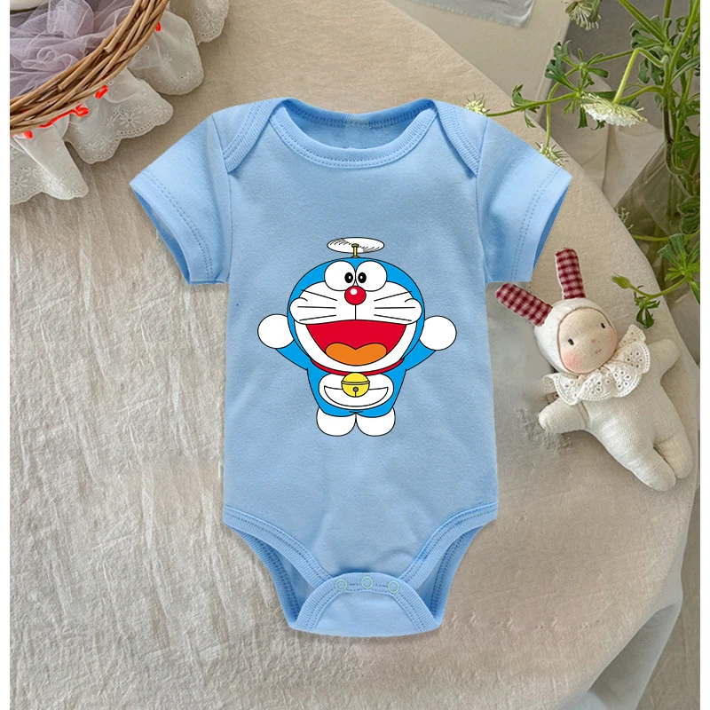 Cute Doraemoned Newborn Bodysuit Fashion Cartoon Printed Short Sleeve Jumpsuit Simple Cotton Baby Romper Infant Birthday Clothes