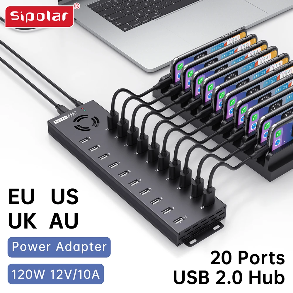 USB 2.0 Hub 120W High Power Docking Station Sipolar A-805P LED Indicators Multi Device Charging Station for Laptop Phone