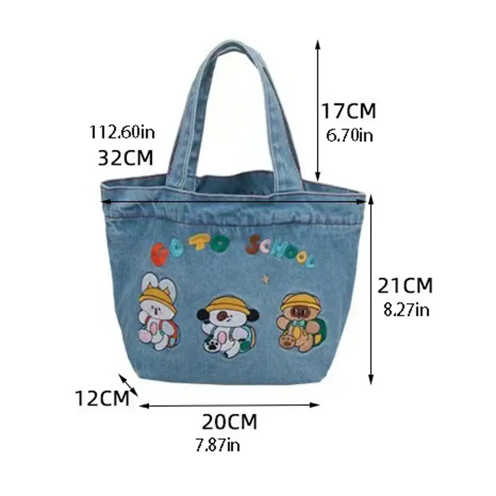 Tas jinjing anjing kartun kelinci tas tangan huruf kain Denim wanita tas makan siang kapasitas besar dompet tas belanja