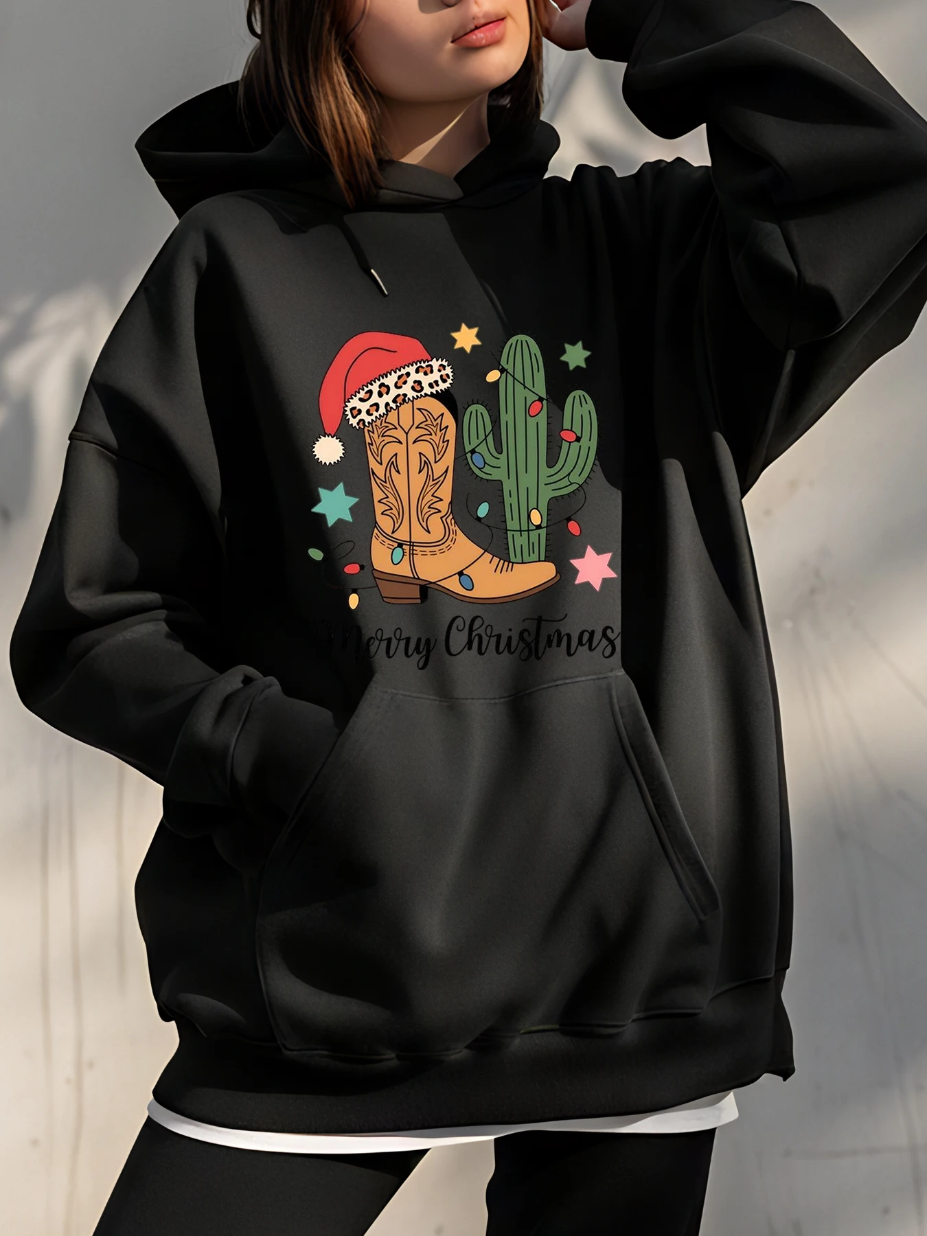 Sweat à capuche de noël, botte de Cowboy, imprimé Cactus, unisexe, vêtements de fête de vacances, femmes et hommes, Streetwear décontracté