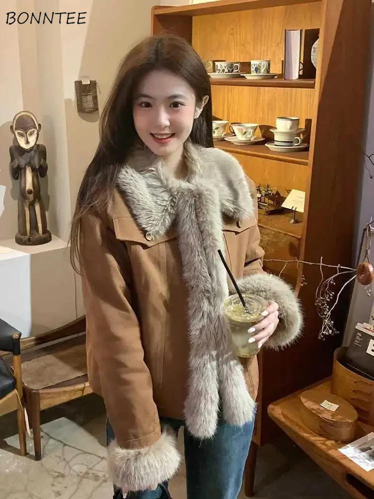 

Jackets Women Brown Spliced Fluffy Warm Plus Velvet Thicker Tops Turn-down Collar Trendy Winter All-match Ins Tops Korean Style