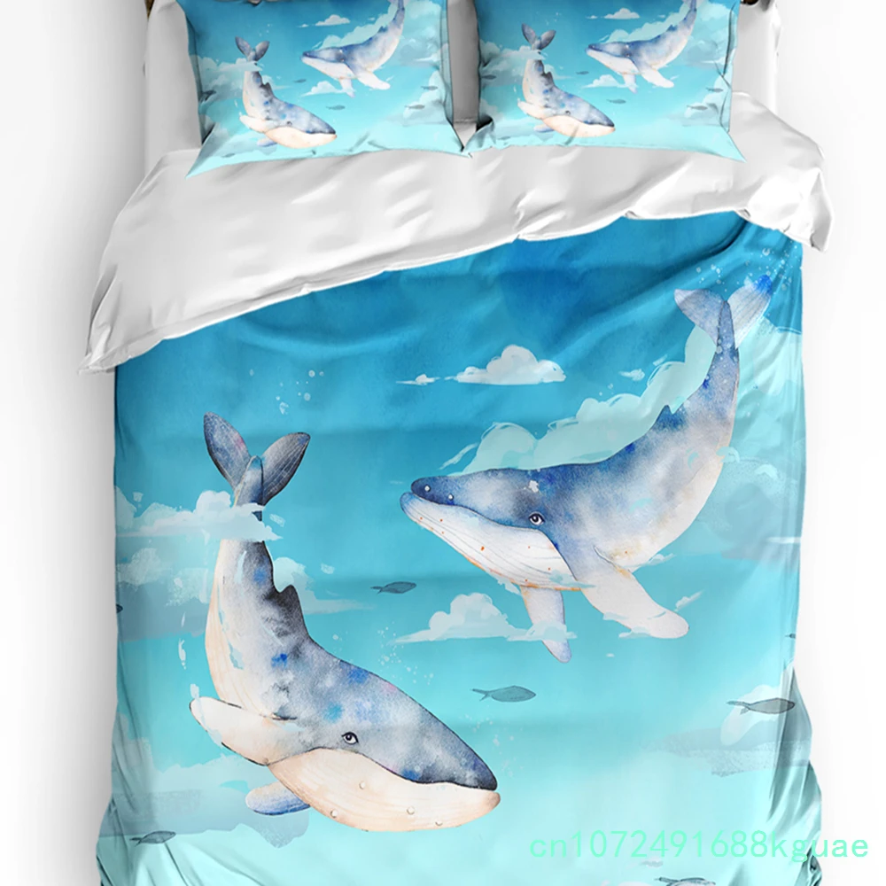 Cartoon Whale Fish Cloud Sky Watercolor Duvet Cover With Pillow Case Custom 3pcs Bedding Set Quilt Cover Double Bed Home Textile