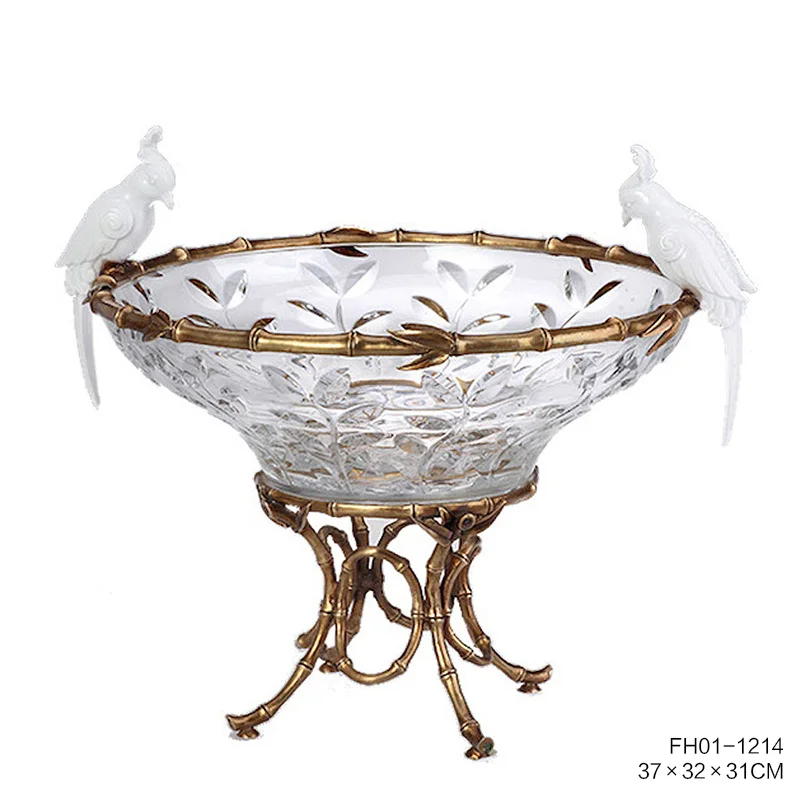 Luxury Royal Unique Crystal/Glass Decorative Fruit Bowl/Candy Plate with Modern Copper Home Decorative Dewaxed Brass