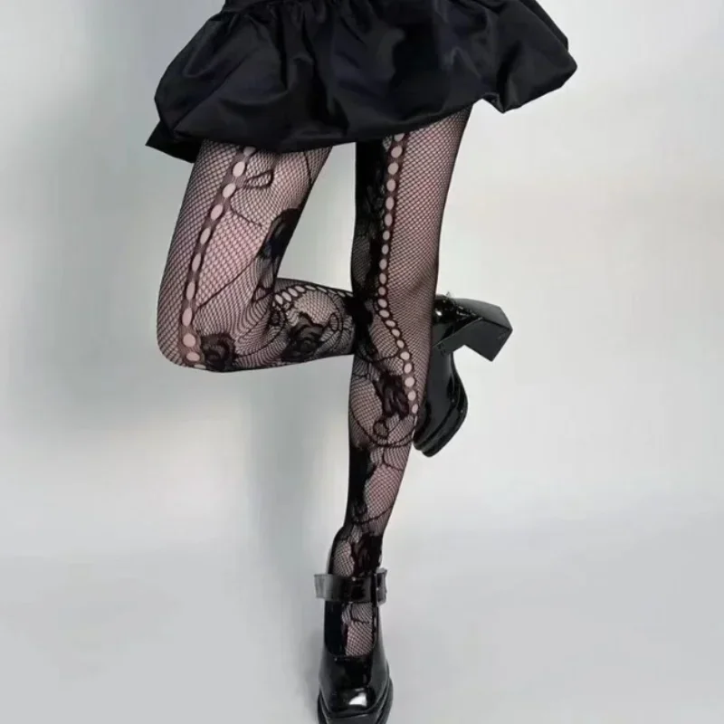Fransız Romantik Içi Boş Örgü Tayt kadın Seksi Kırık Fishnet Gül Asma çorap Dantel Tatlı Serin Kişilik Jakarlı Külotlu