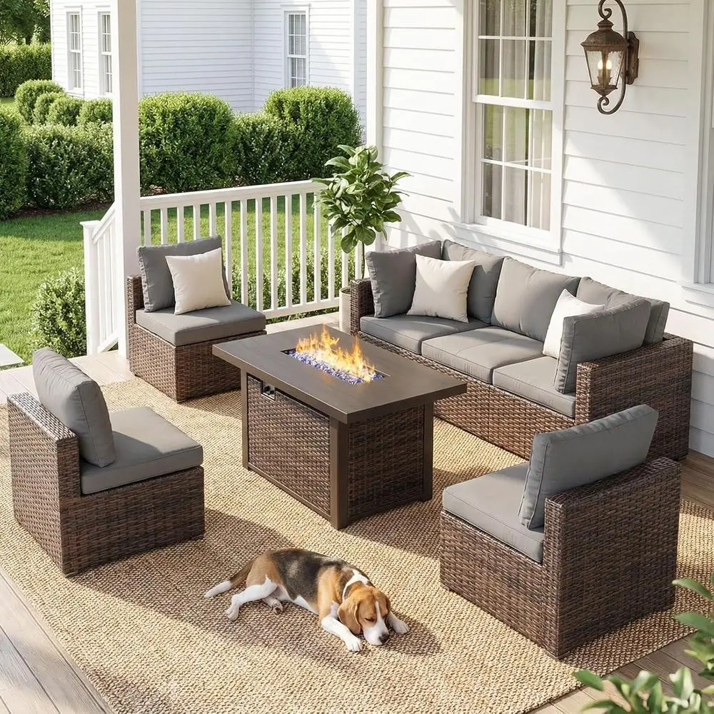 

7-Piece Outdoor Sectional Sofa Set with 42 Fire Pit Table and Cushions, Grey