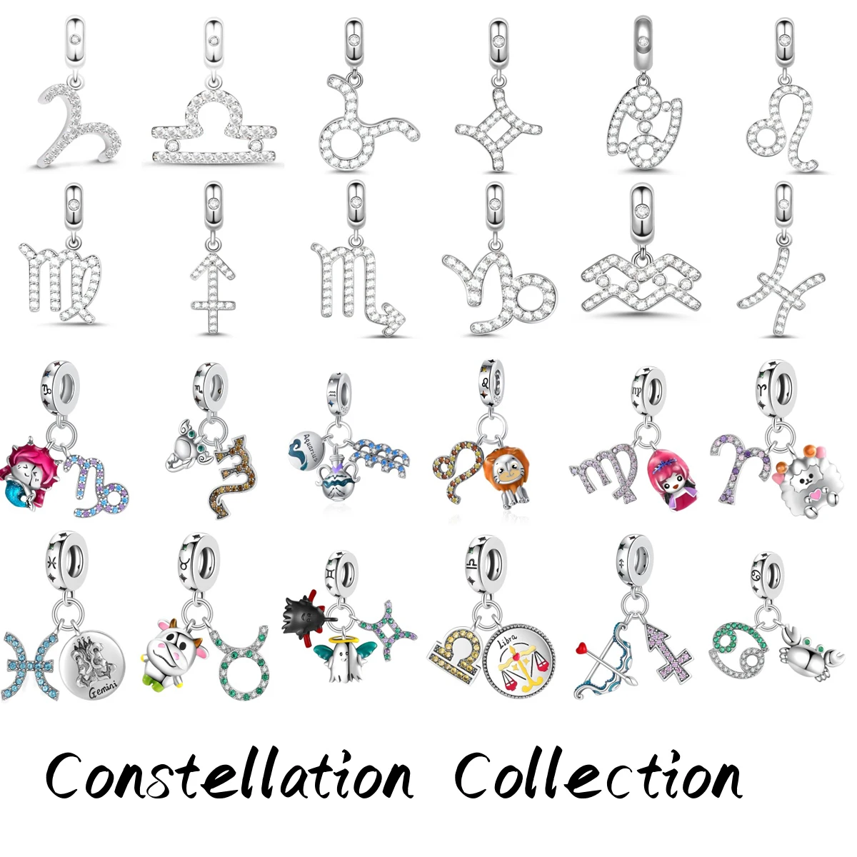Hot Sale  925 Sterling Silver Charm Cartoon Series  Zodiac Signs DIY Fine Bead Fit Original Pendant Charms Bracelet For Women